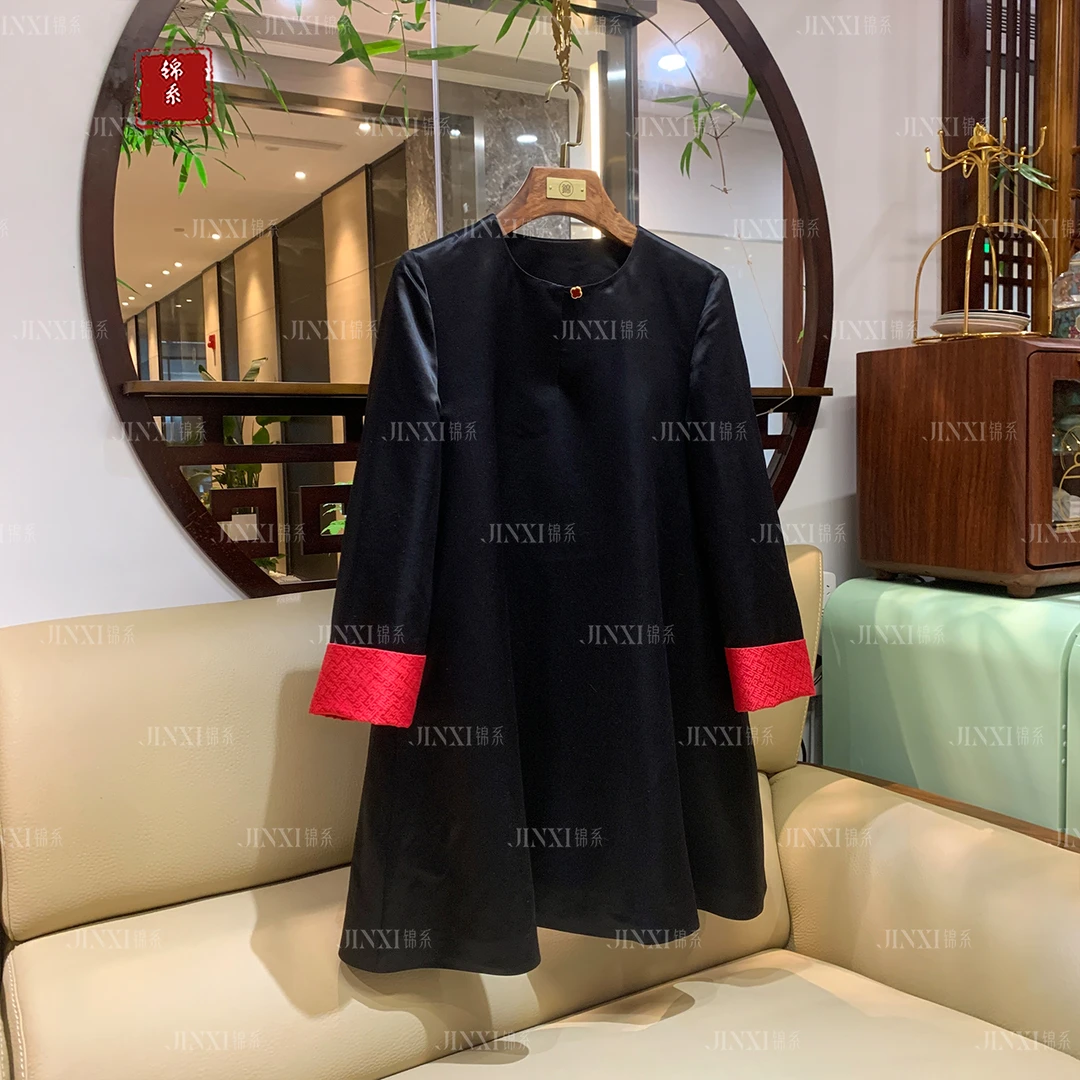 【锦·系】L-31583新中式国风桑蚕丝撞色圆领领口钉扣袖连衣裙