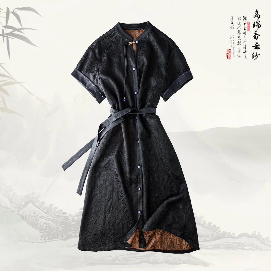 陌妆品牌新款香云纱桑蚕丝中式显气质腰带连衣裙419318