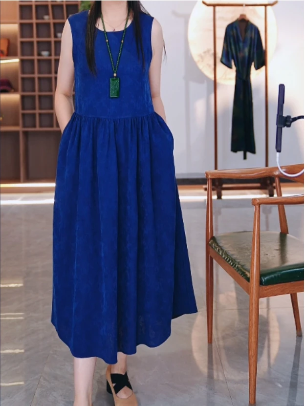 【青蓝苍穹】品牌新款香云纱新中式圆领无袖连衣裙439803