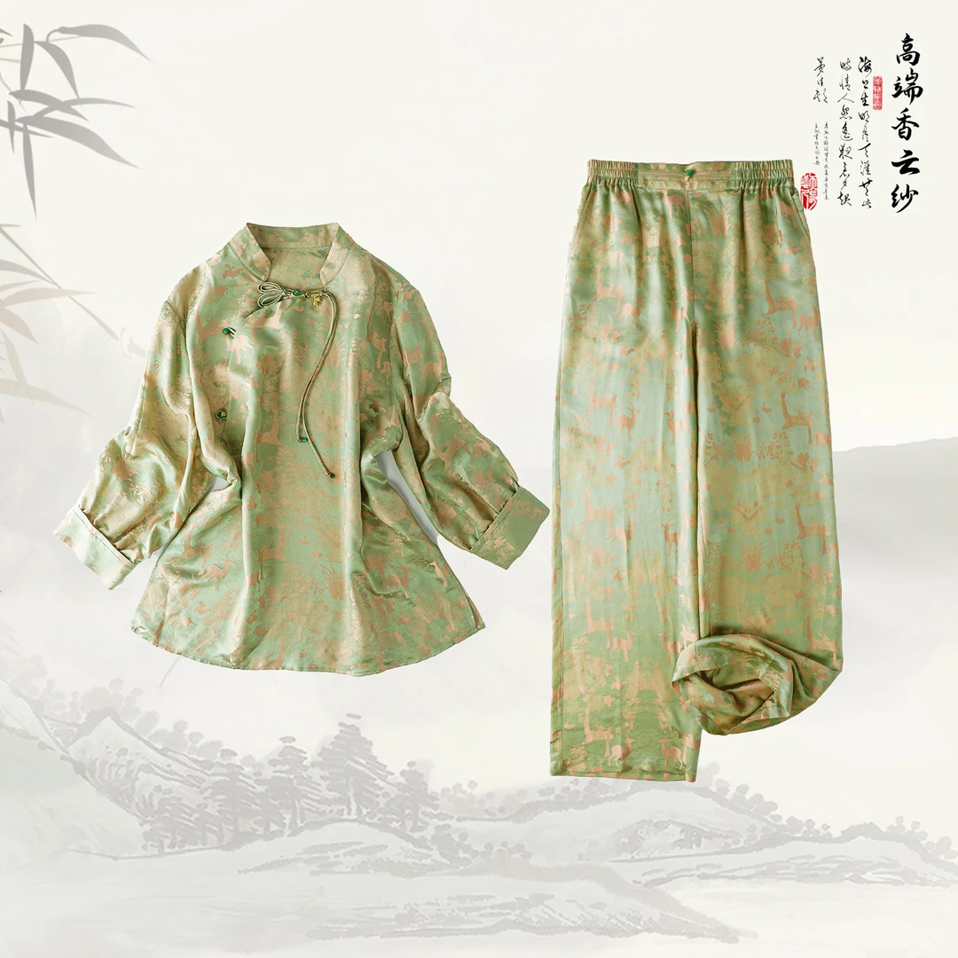 陌妆品牌新款香云纱桑蚕丝盘扣领衬衣宽松休闲裤套装419363