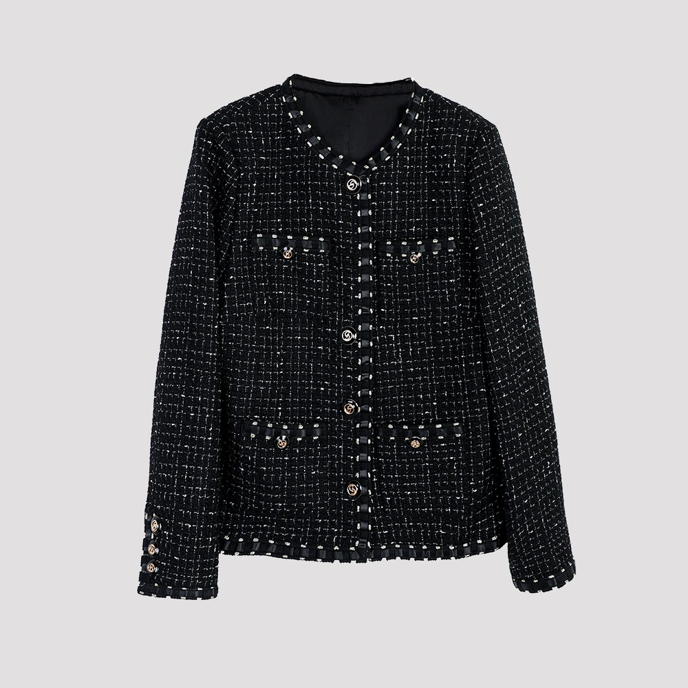 【小黑金】羊毛圆领长袖百搭黑金小香风外套秋冬女士外套33954