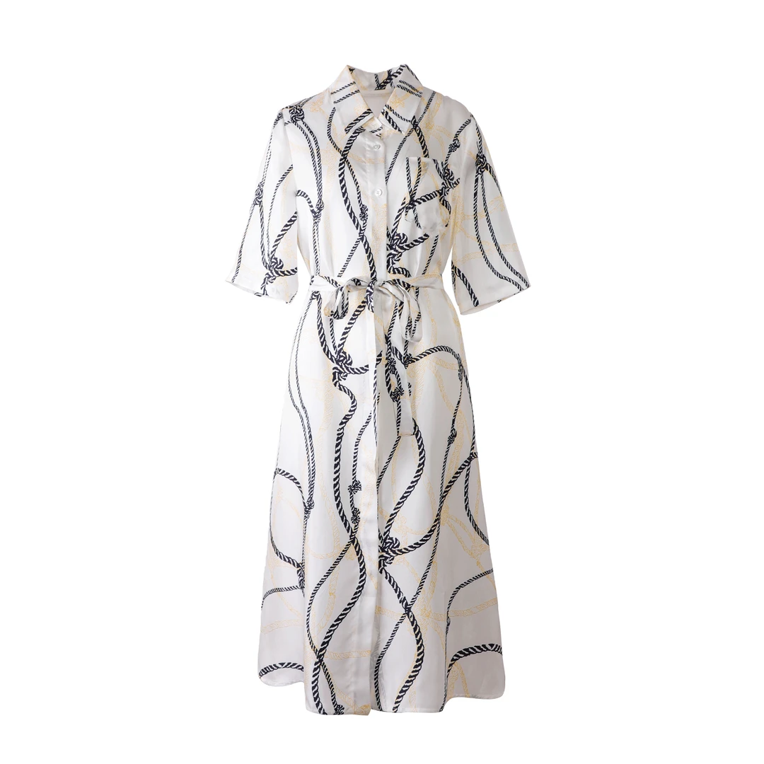 品牌新款桑蚕丝翻领印花短袖系带连衣裙33918-1