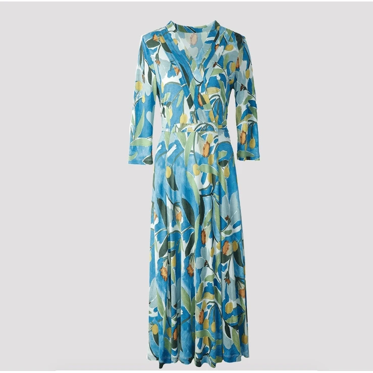 女装高档桑蚕丝连衣裙时尚V领印花连衣裙夏季中长裙32574