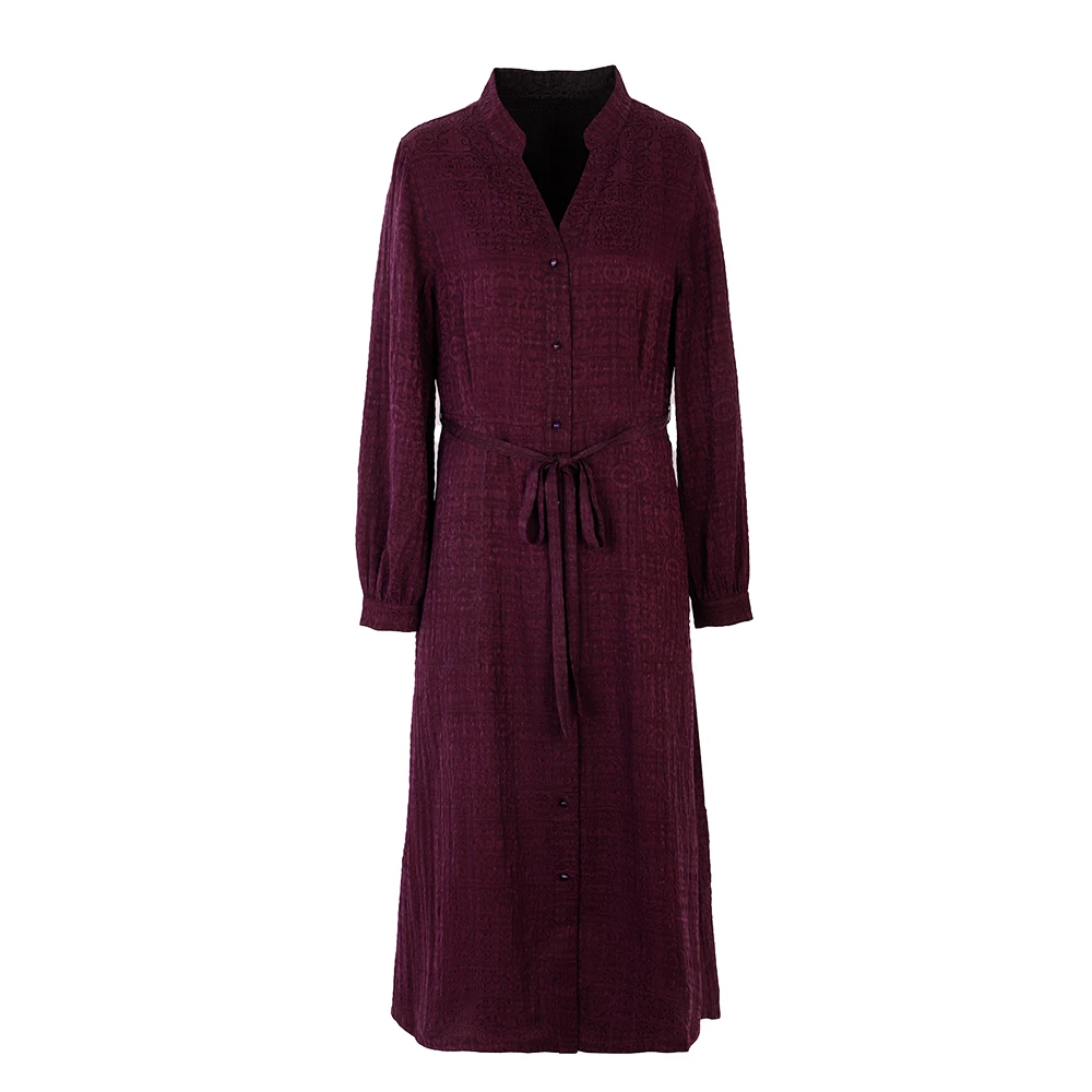 陌妆品牌新款双面穿香云纱立领长袖系带连衣裙33731