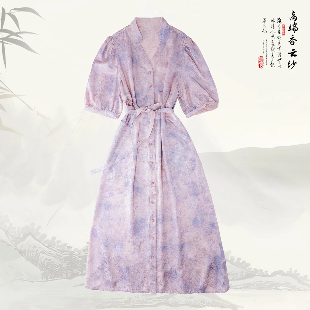 品牌新款香云纱国风印花V领短袖连衣裙429497