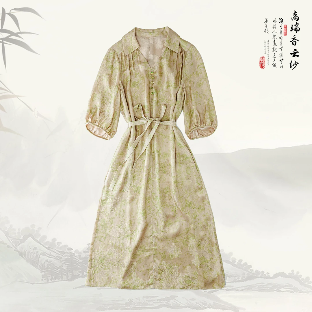 品牌新款桑蚕丝宽松印花显瘦收腰V领连衣裙429672