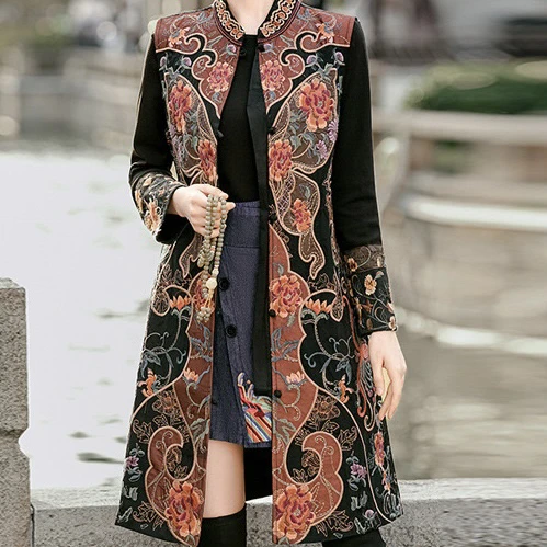 长款重工刺绣对襟唐装上衣无袖大如意刺绣外披