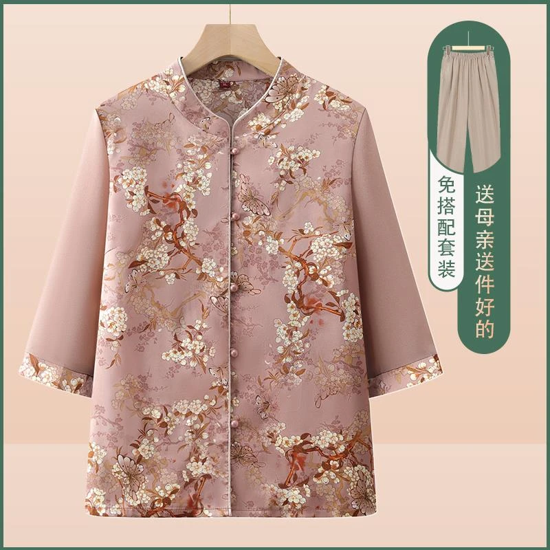 老年人夏装女衬衫奶奶上衣服洋气妈妈雪纺小衫老人阔太太夏季薄款