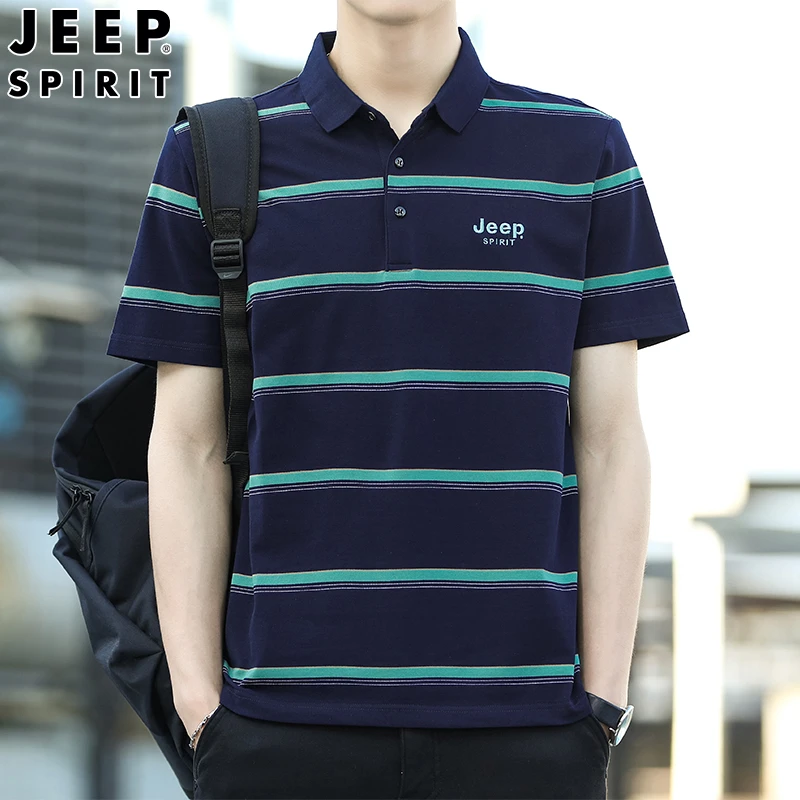 JEEPSPIRIT男士2024夏装新款短袖T恤休闲撞色条纹翻领半袖POLO衫