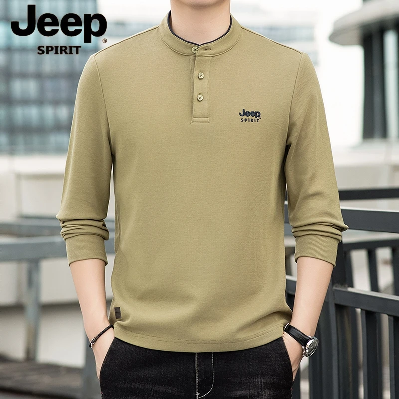 JEEPSPIRIT男装立领长袖T恤2024春秋纯色打底POLO衫宽松休闲上衣