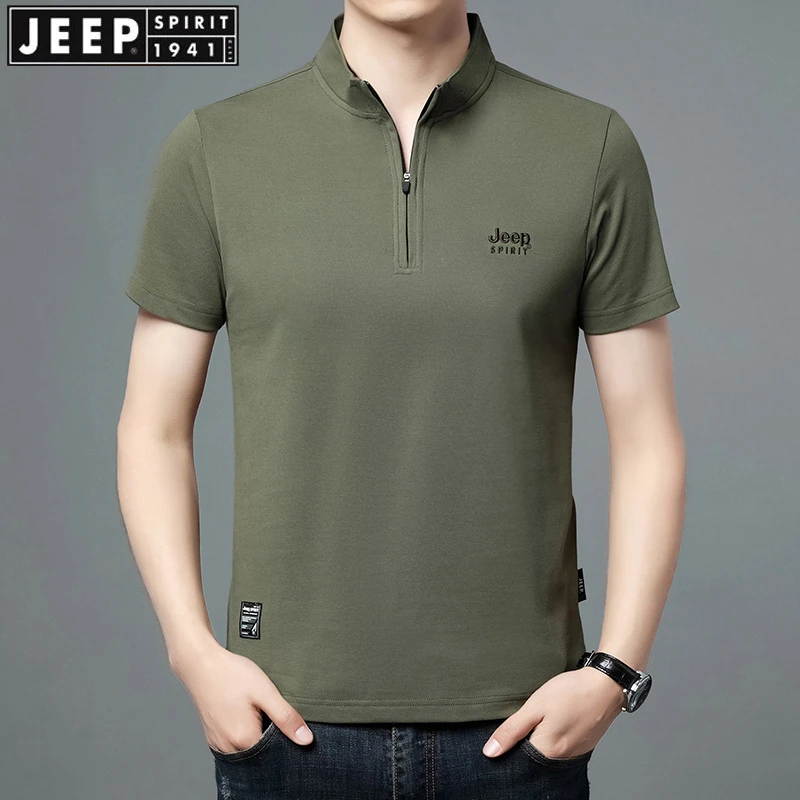 JEEP吉普男装夏季新款半高领纯色t恤中青年立领半拉链短袖打底衫
