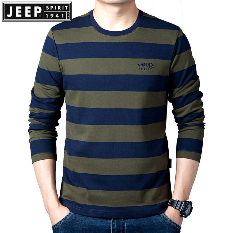 JEEPSPIRIT男装春秋长袖T恤条纹圆领上衣男休闲宽松高档纯棉体恤