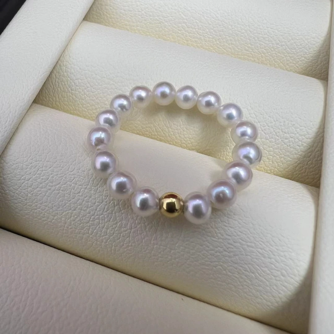 【天圻珠宝】3-4mm淡水小米戒指18K金豆豆戒指时尚百搭