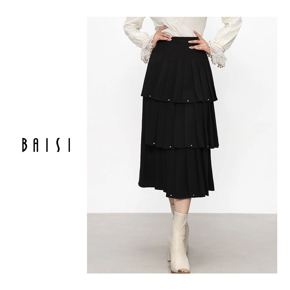 BAISI/百丝春日出行春游中长裙AACG310309显瘦气质百搭黑色中长款