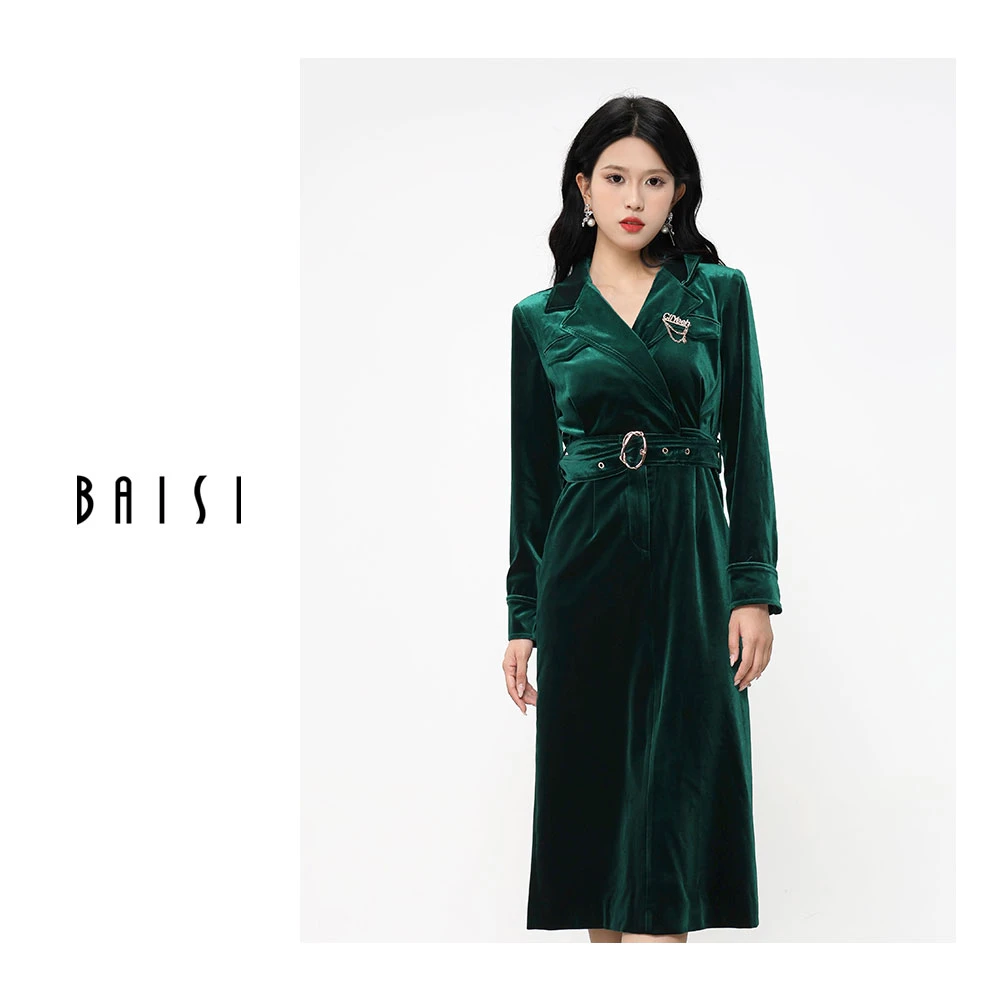 BAISI/百丝洋气长裙拉链连衣裙高腰秋季修身绿色长袖午夜蓝连衣裙