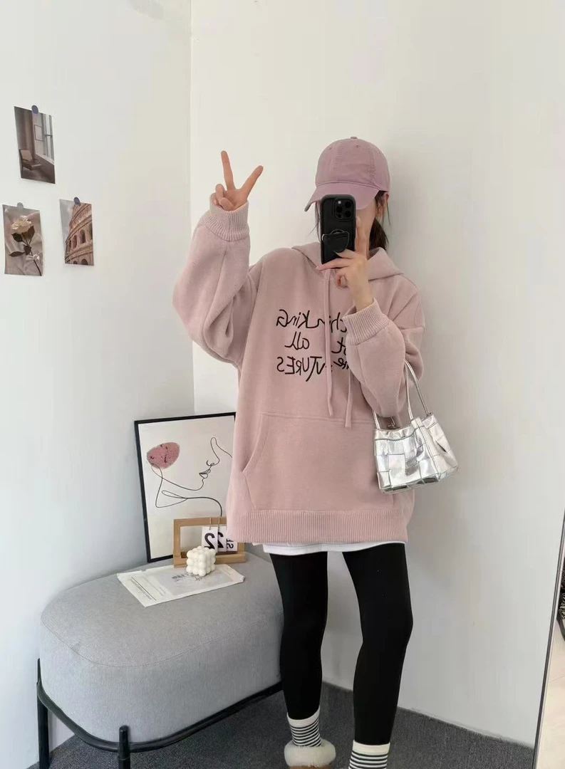 2024新款蓝粒绒卫衣连帽拼接字母秋冬时尚慵懒风减龄冬季上衣