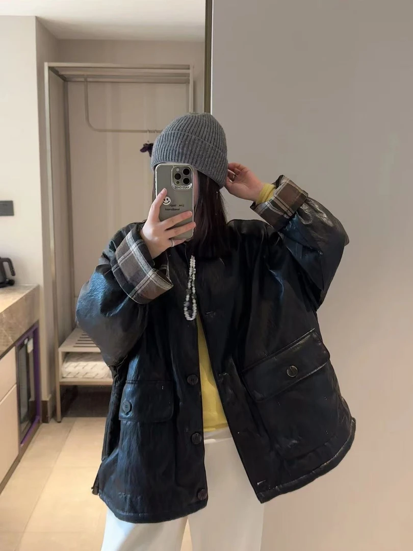 冬季新款复古皮衣撞色拼接羽绒服女时尚高级感宽松显瘦羽绒服