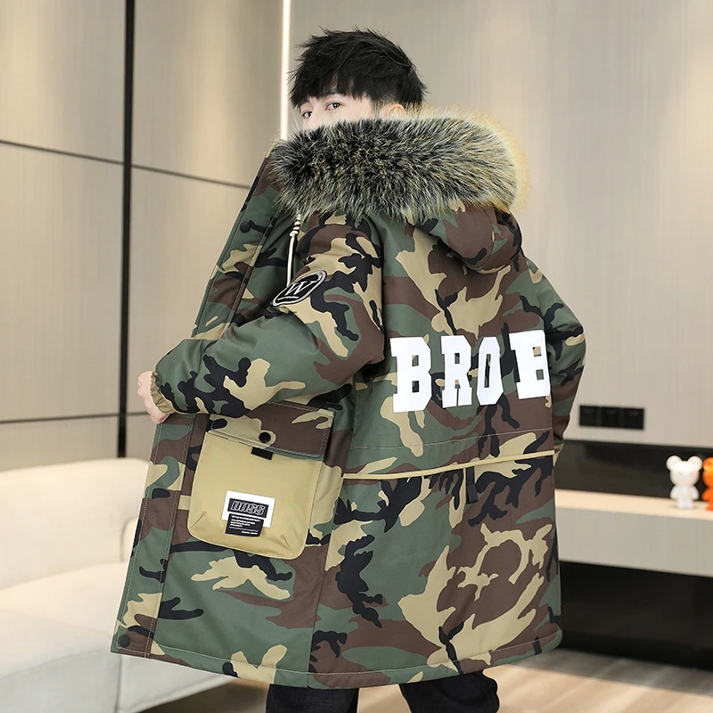 棉衣男冬季中长款加绒外套青少年学生棉袄保暖迷彩棉服男款派克服