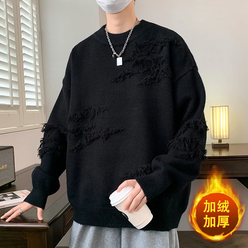 秋冬季圆领毛衣12岁男孩13初高中学生14加绒加厚15大童打底针织衫