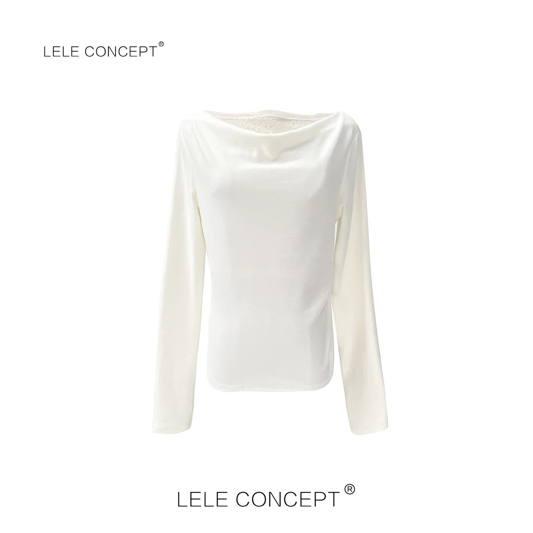 LELE CONCEPT 时尚百搭显瘦轻奢气质款一字肩蕾丝边上衣S0700