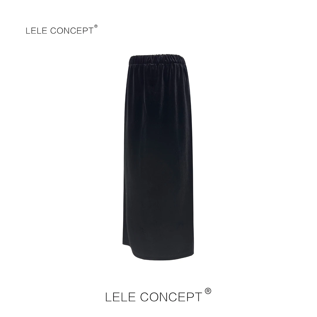 LELE CONCEPT 法式轻奢百搭显瘦后开衩丝绒半身裙Q0405