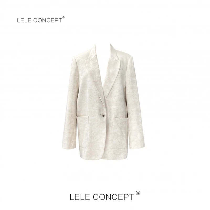 LELE CONCEPT 时尚气质减龄显瘦高级暗花纹米色西服外套Y0291