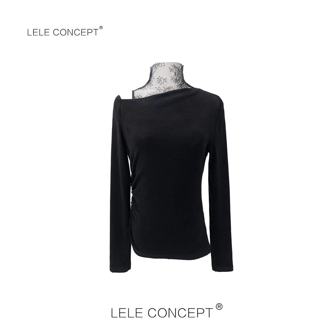 LELE CONCEPT｜都市轻奢法式高级款斜肩蕾丝高领衫S0708