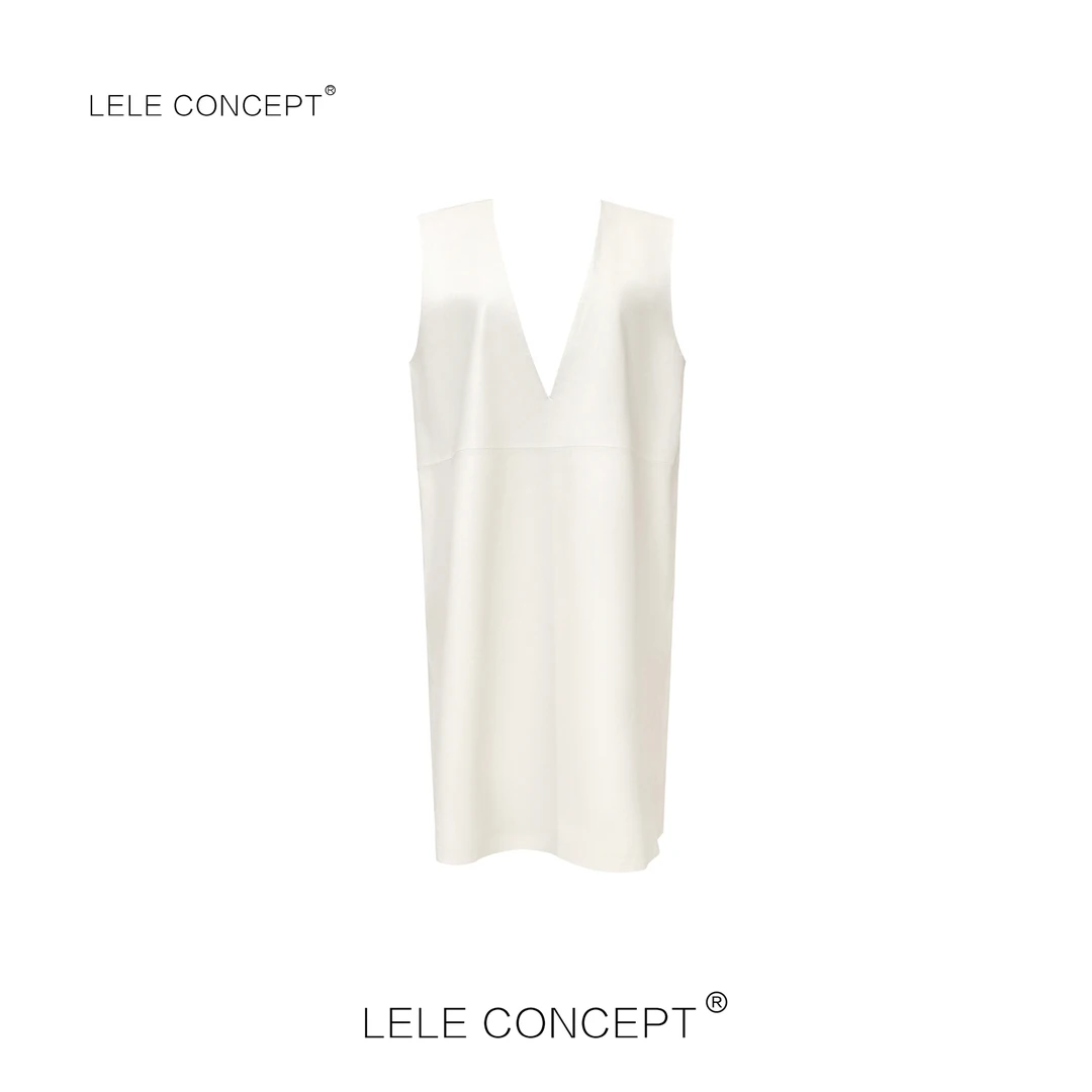 LELE CONCEPT 轻奢高级感时尚百搭显瘦V领无袖连衣皮裙Q0390