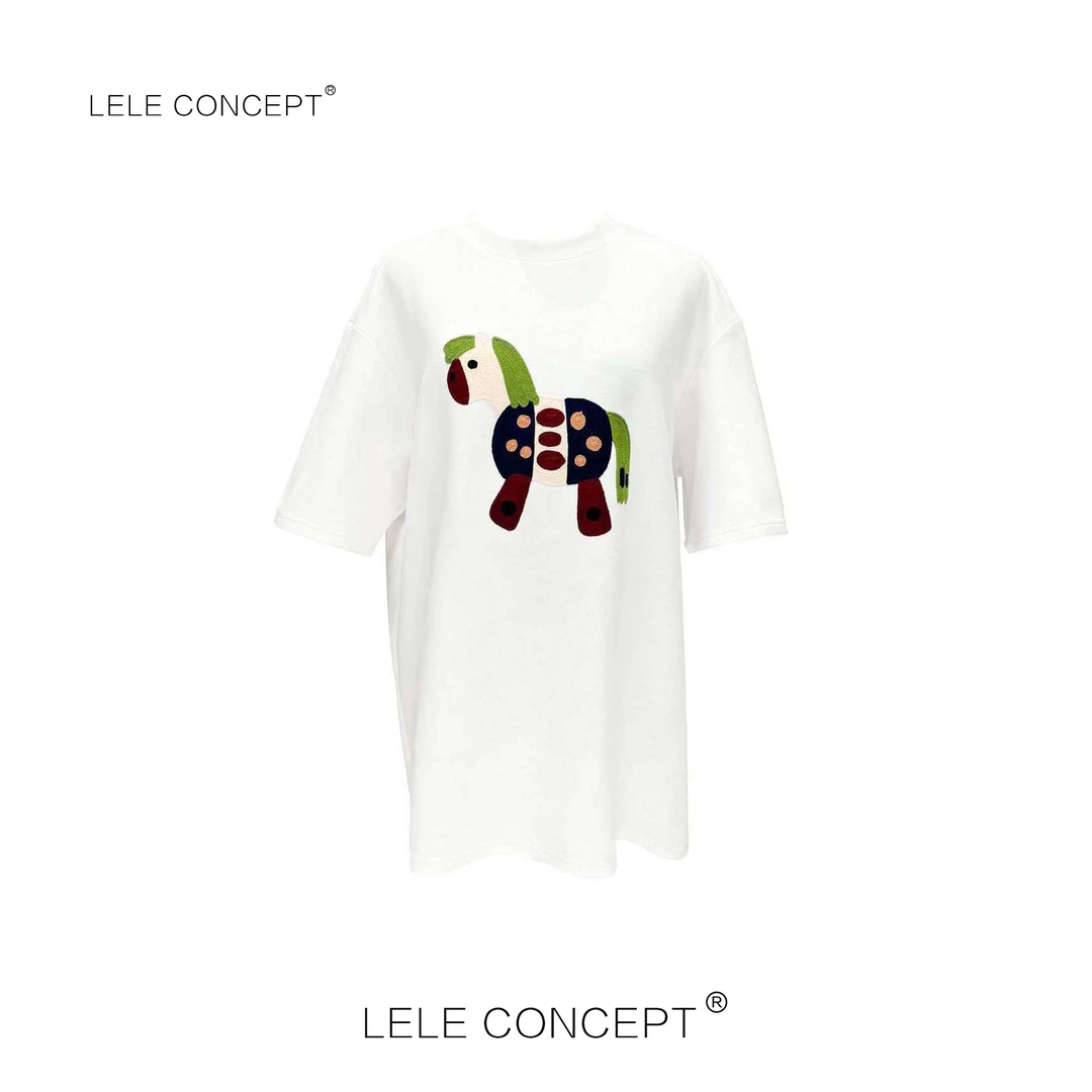 LELE CONCEPT 都市时尚减龄舒适百搭小马图案半袖T恤S0690