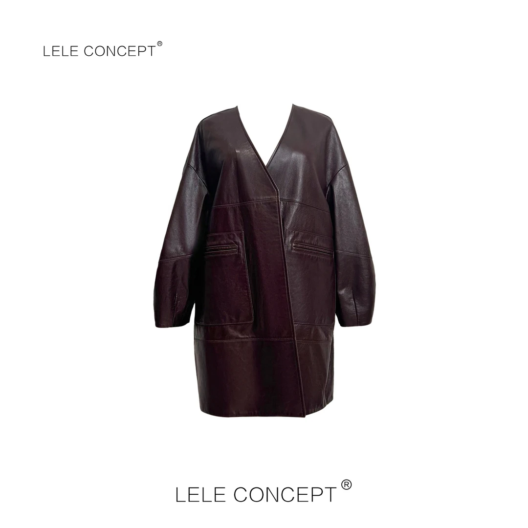 LELE CONCEPT 气质百搭高级感时尚小众V领泡袖皮衣外套P0036