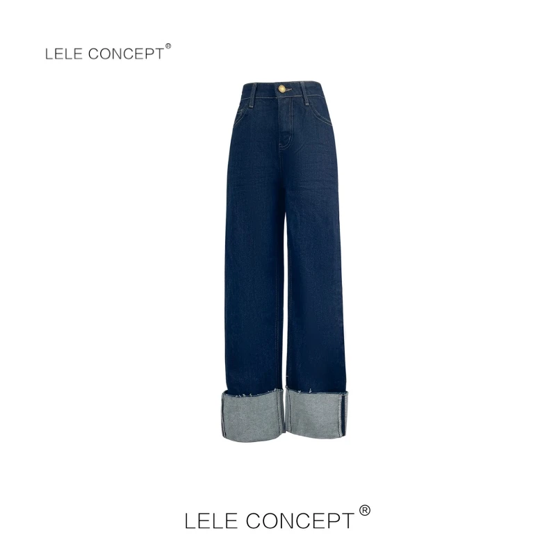 LELE CONCEPT 卷边深蓝直筒牛仔裤百搭复古时尚休闲高级感K0152