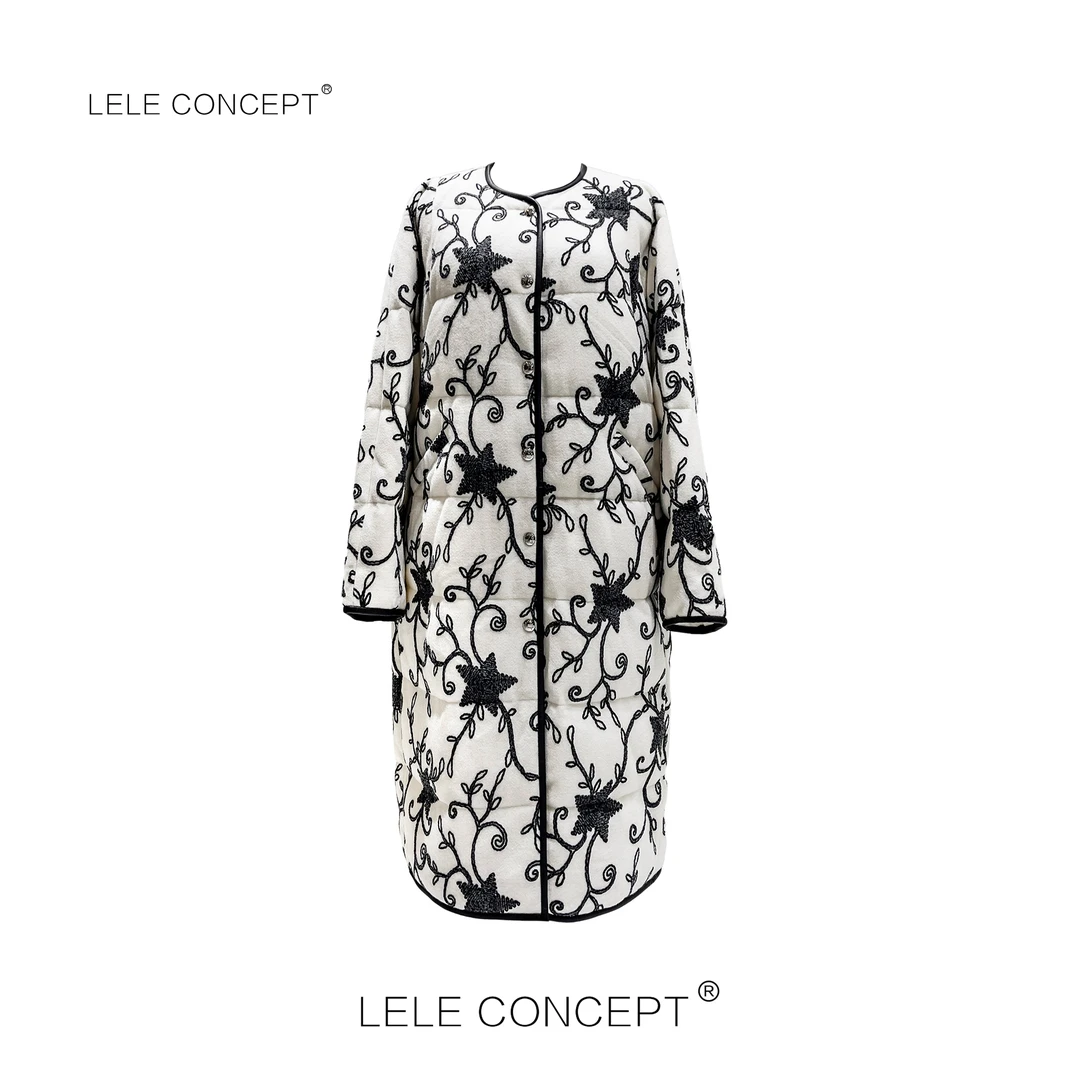 LELE CONCEPT 时尚轻奢保暖气质秃领绣花鹅绒服长款外套Y0376