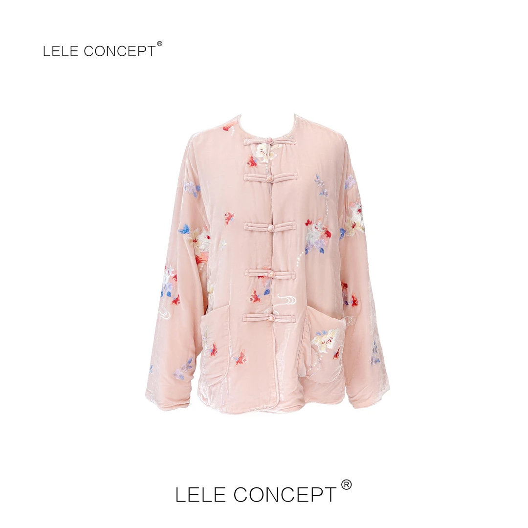 LELE CONCEPT 新中式复古甜美国风刺绣无领棉服外套Y0387