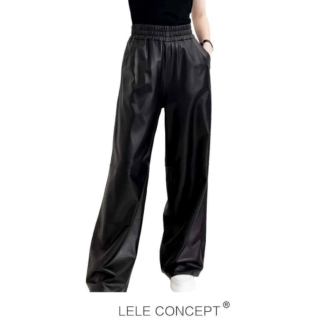 LELE CONCEPT 宽松高级感净版皮筋腰皮阔腿裤时尚走秀款K0079