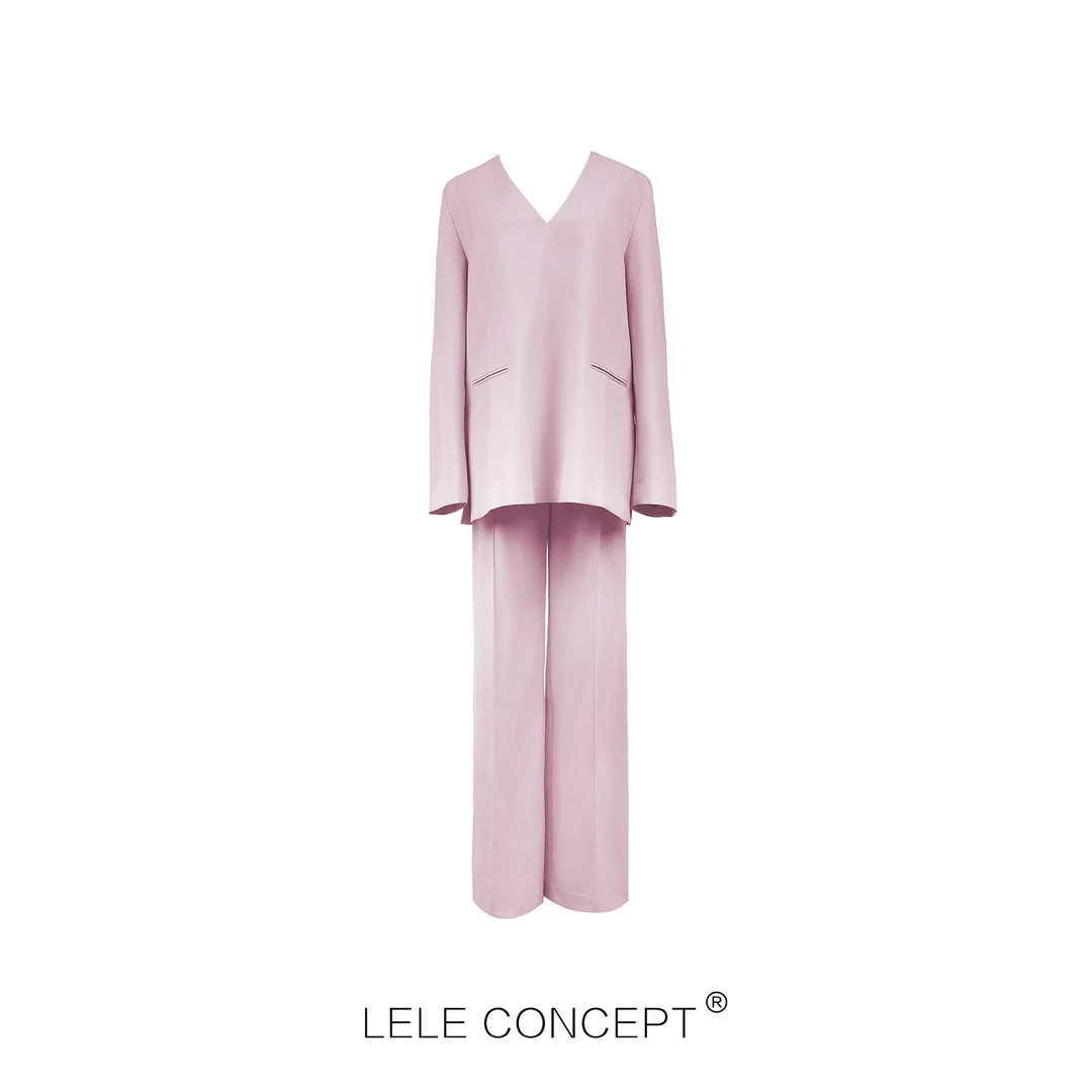 LELE CONCEPT v领纯色套装上衣直筒裤时尚显瘦气质设计师T0066