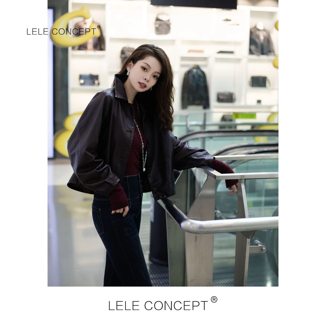 LELE CONCEPT 轻奢高级感四扣滑肩短款皮衣P0042