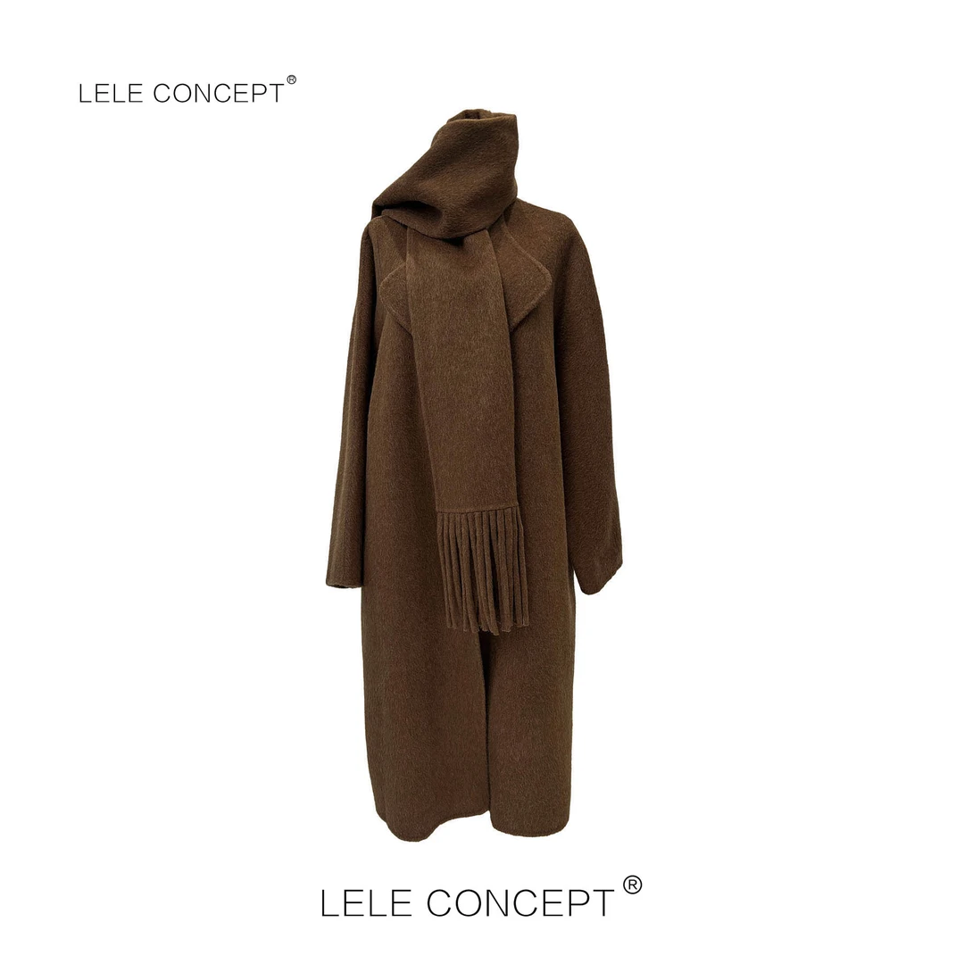 LELE CONCEPT 时尚气质轻奢高级感长款宽袖流苏围巾大衣D0101