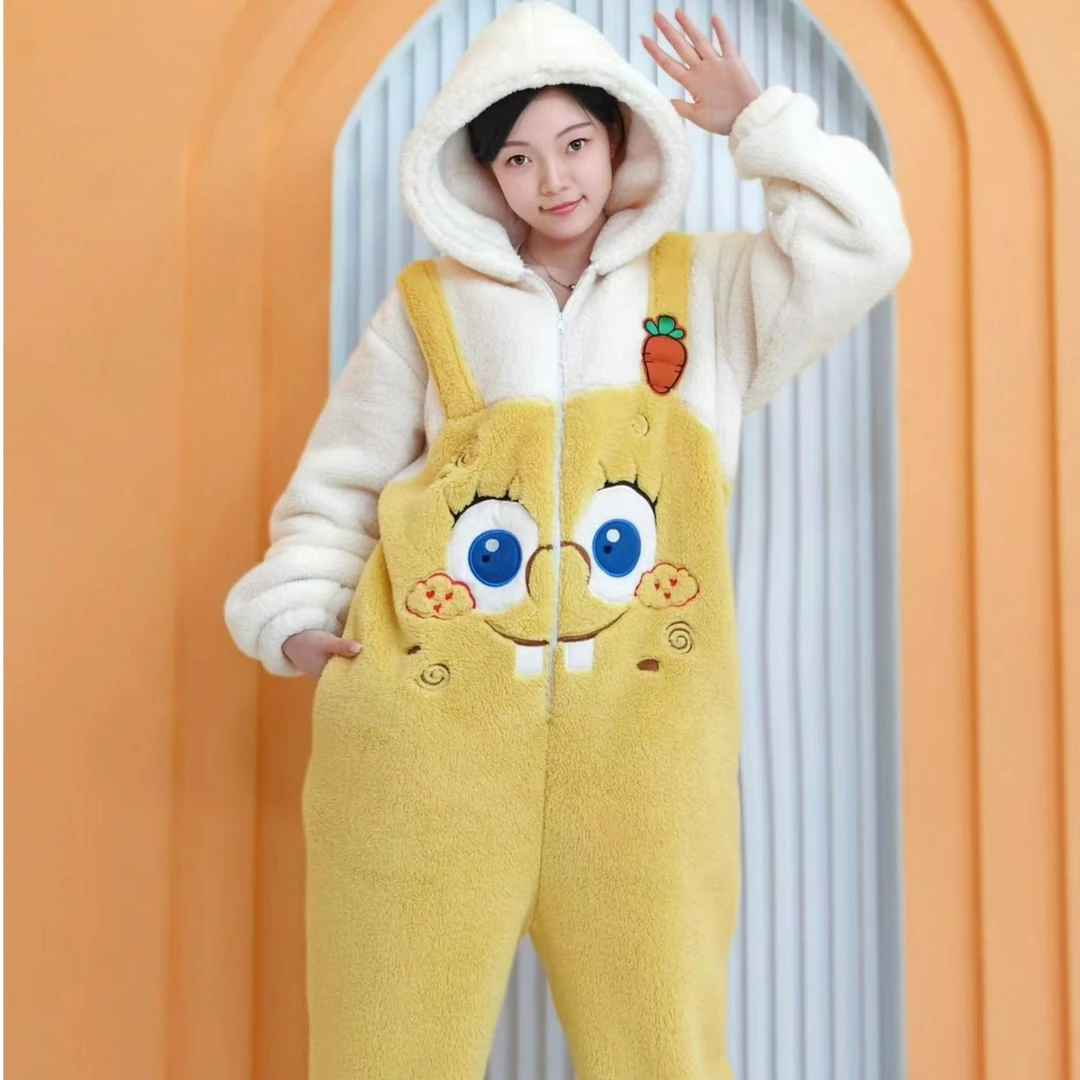 子茹动漫云朵宝宝连体睡衣女秋冬季珊瑚绒加厚保暖可外穿家居服女