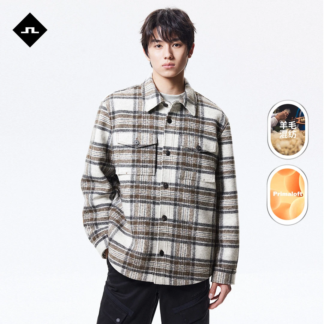 JLINDEBERG金林德伯格男士羊毛混纺格纹P棉棉服夹克外套翻领大衣