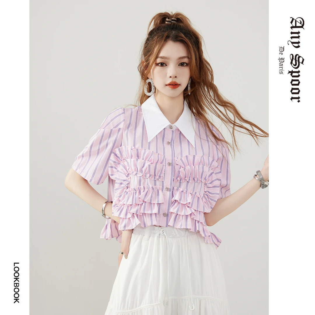 【ANYSPOOR】设计感百搭衬衫气质不规则高腰短款夏季短袖上衣73BA36