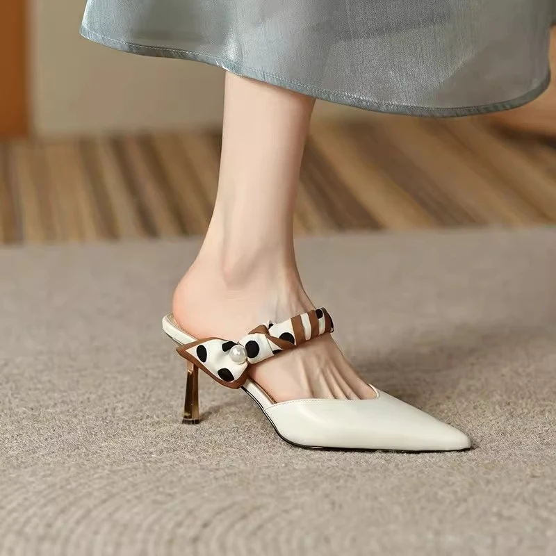 2024夏季新款软皮高跟包头拖鞋女尖头细跟中跟时尚百搭懒人凉拖鞋