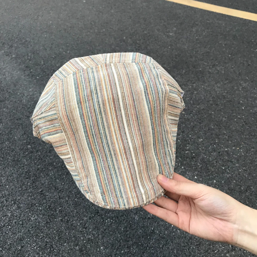 日系复古条纹小众显脸小鸭舌反戴贝雷加宽加深帽檐前进帽子