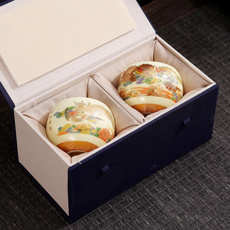 羊脂白玉丹凤朝阳云起龙骧龙凤对杯品茗杯陶瓷主人杯茶杯礼盒装