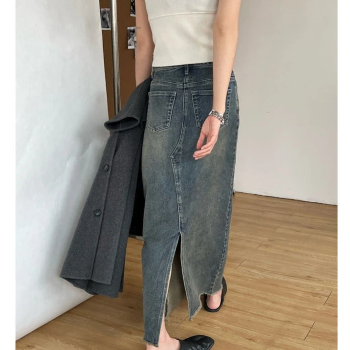 大码女装肥妹妹mm复古牛仔半身裙春季高腰宽松显瘦开叉长裙200斤