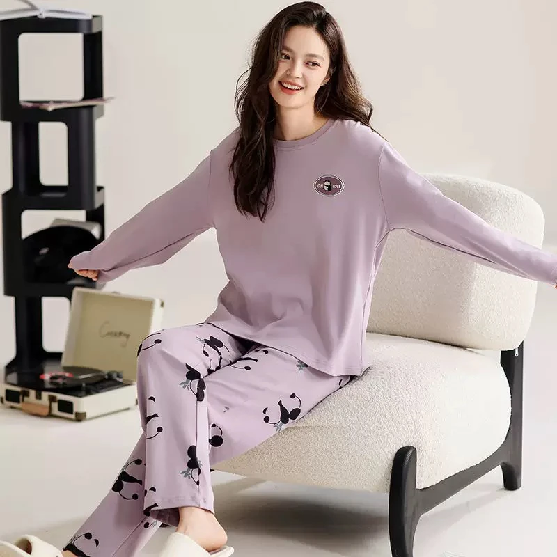 【欧尼雪】灰紫色国宝大熊猫双面加厚莱卡棉秋冬季保暖睡衣家居服