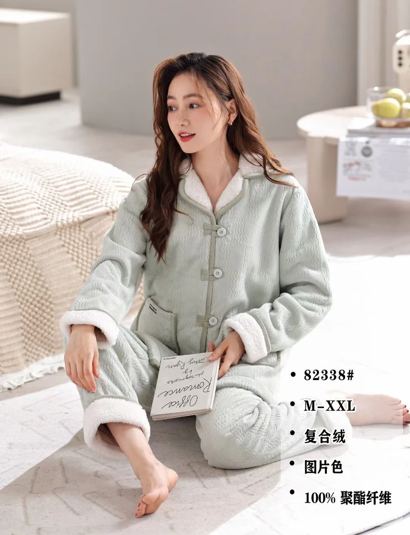 【欧尼雪】牛奶复合绒水绿色82338冬季加厚保暖睡衣套装