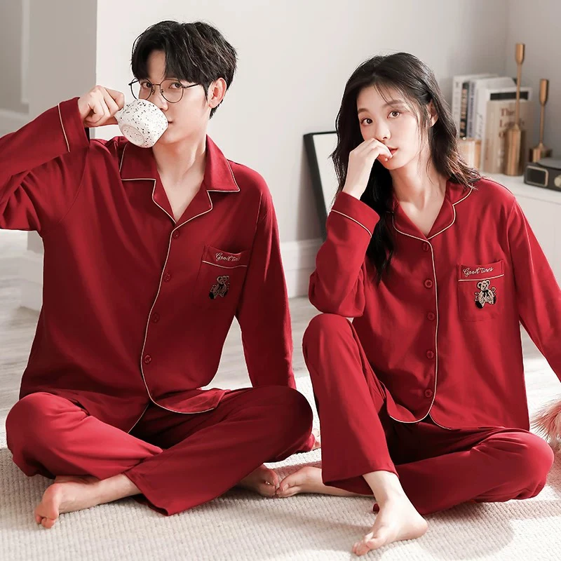 【欧尼雪】红色小熊莱卡棉结婚新婚情侣款长袖睡衣家居服套装