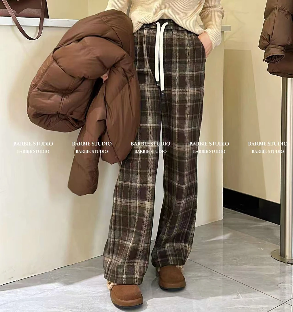 Siyu Studio 【绵绵裤】新款加绒阔腿格子百搭休闲长裤裤子52088