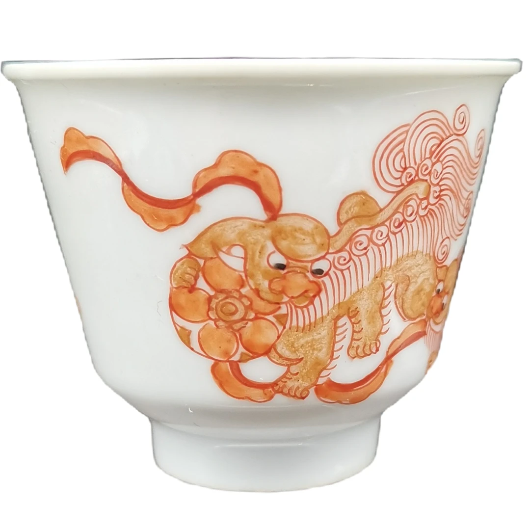 矾红太狮少保铃铛杯手工手绘柴窑烧制中国风景德镇陶瓷主人杯单杯