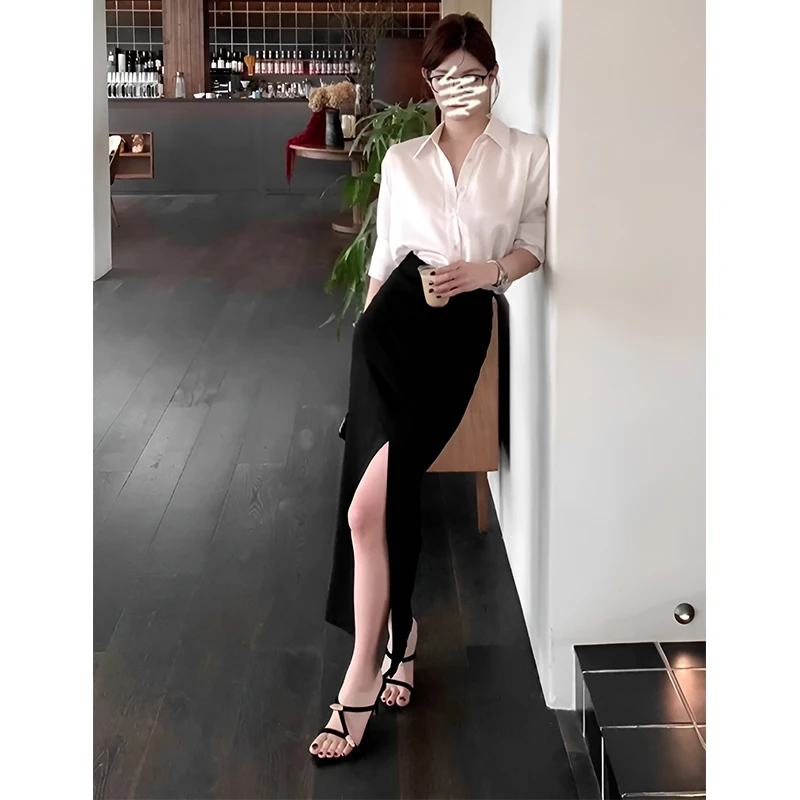 2025早秋新款女轻熟风POLO领通勤衬衫上衣气质高腰包臀开叉半身裙